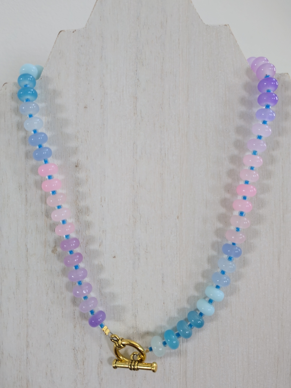 Handmade Beaded Pastel Glass Necklace - Pink, Blue & Purple - 16"